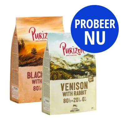 Twee zakken Purizon hondenvoer: Black Angus with Turkey en Venison with Rabbit, 80% vlees, 20% groente, 0% granen. Blauwe cirkel met tekst: PROBEER NU.
