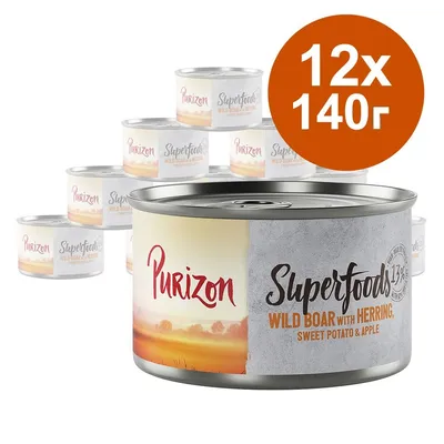 Purizon Superfoods Wild Boar with Herring, Sweet Potato & Apple, 12×140 г консерви. Видими са няколко кутии с етикет и надпис за брой и грамаж.