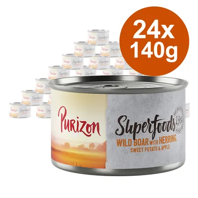 Purizon Superfoods mokré krmivo, divočák s sleděm, batát a jablko. Balení: 24 konzerv po 140 g.