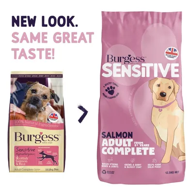 Image showing packaging change for Burgess Sensitive Salmon Adult Complete, highlighting new look with same taste and key benefits for adult pets. 12.5kg net weight.