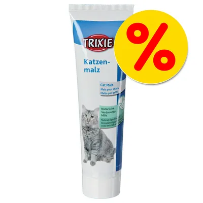 TRIXIE Katzenmalz -tahna kissoille, pakkauksessa tekstiä: Cat Malt, Natürliche Verdauungshilfe. Suuri keltainen alennusprosenttimerkki näkyvissä.
