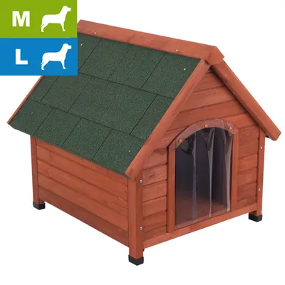 Cuccia in legno per cani con tetto verde, ingresso con tendina trasparente. Simboli taglie M e L visibili in alto a sinistra.