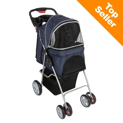 Passeggino per animali con struttura in metallo, tessuto blu e inserti in rete nera. Angolo arancione in alto a destra con testo: Top Seller.