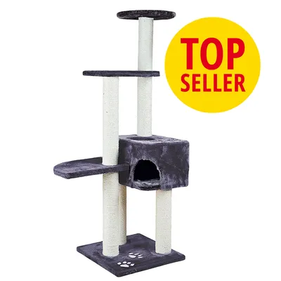 Rascador para gatos de varios niveles con postes de sisal, plataforma, cueva y base gris. Círculo amarillo con texto: TOP SELLER.