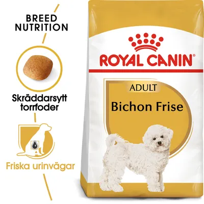Royal Canin Adult Bichon Frise torrfoder, text: Skräddarsytt torrfoder, Friska urinvägar, bild på foderbit och Bichon Frise-hund.