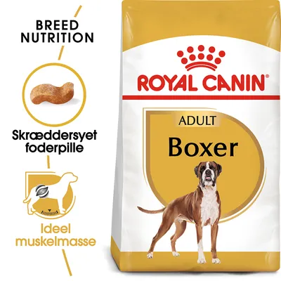 Royal Canin Adult Boxer hundefoder, tekst: Breed Nutrition, Skræddersyet foderpille, Ideel muskelmasse. Billede af foderpille og boxerhund på posen.