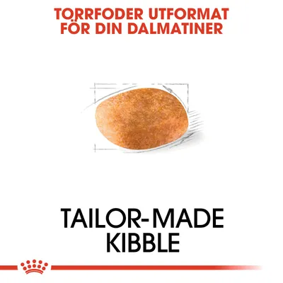 Text: Torrfoder utformat för din dalmatiner. Bild på ett torrfoderkorn. Text: Tailor-made kibble.