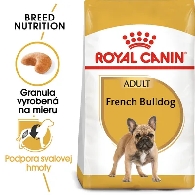 ROYAL CANIN ADULT French Bulldog, granula vyrobená na mieru, podpora svalovej hmoty. Balenie krmiva s obrázkom psa a tvarom granuly.