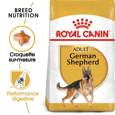 Sachet Royal Canin Adult German Shepherd, croquette sur-mesure, performance digestive, image de croquette et chien berger allemand. Texte en anglais et français visible sur l’emballage. Sachet Royal Canin Adult German Shepherd, croquette sur-mesure, performance digestive, image de croquette et chien berger allemand. Texte en anglais et français visible sur l’emballage.