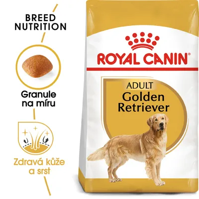 Balení krmiva ROYAL CANIN ADULT Golden Retriever, obrázek granule na míru, text: Granule na míru, Zdravá kůže a srst, BREED NUTRITION. Balení krmiva ROYAL CANIN ADULT Golden Retriever, obrázek granule na míru, text: Granule na míru, Zdravá kůže a srst, BREED NUTRITION.
