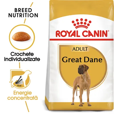 Pachet Royal Canin ADULT Great Dane, imagine cu câine Dog German, text: Crochete individualizate, Energie concentrată, BREED NUTRITION. Vizualizare croșetă și simbol calorii.