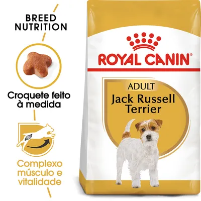 ROYAL CANIN ADULT Jack Russell Terrier, croquete feito à medida, complexo músculo e vitalidade. Imagem de embalagem com cão Jack Russell Terrier.
