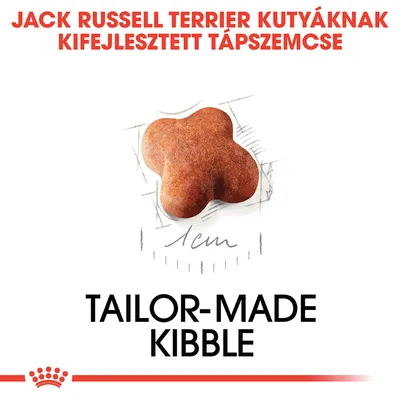 JACK RUSSELL TERRIER KUTYÁKNAK KIFEJLESZTETT TÁPSZEMCSE, 1 cm-es szemcseméret. Tailor-made kibble felirat látható.