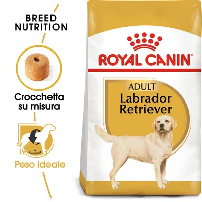 Royal Canin Adult Labrador Retriever, crocchetta su misura, peso ideale. Immagine della confezione con cane Labrador e dettagli sulle crocchette.