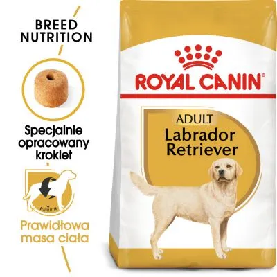 ROYAL CANIN ADULT Labrador Retriever, specjalnie opracowany krokiet, prawidłowa masa ciała, opakowanie karmy z wizerunkiem psa rasy labrador retriever.