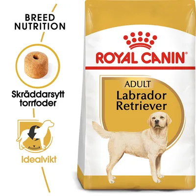 Royal Canin Adult Labrador Retriever, skräddarsytt torrfoder. Text: Breed Nutrition, Skräddarsytt torrfoder, Idealvikt. Bild på foderbit och siluett av hund. Royal Canin Adult Labrador Retriever, skräddarsytt torrfoder. Text: Breed Nutrition, Skräddarsytt torrfoder, Idealvikt. Bild på foderbit och siluett av hund.