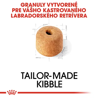 Granuly vytvorené pre vášho kastrovaného labradorského retrívera. TAILOR-MADE KIBBLE. Zobrazený tvar granule s otvorom v strede.