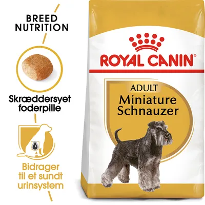 ROYAL CANIN ADULT Miniature Schnauzer hundefoder, skræddersyet foderpille, Bidrager til et sundt urinssystem. Breed Nutrition synlig på emballagen.