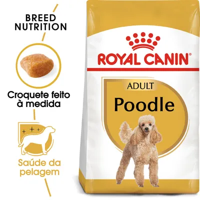 Royal Canin Adult Poodle, croquete feito à medida, saúde da pelagem. Embalagem com imagem de um caniche e texto Breed Nutrition.