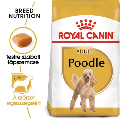 ROYAL CANIN ADULT Poodle kutyatáp csomag, poodle képével. Szöveg: Testre szabott tápszemcse, A szőrzet egészségéért, BREED NUTRITION.