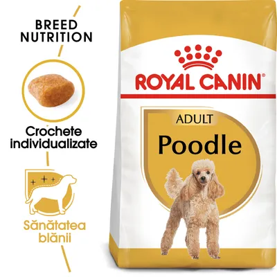 Pachet hrană uscată ROYAL CANIN ADULT Poodle, imagine cu croșetă individualizată și text: Crochete individualizate, Sănătatea blănii, BREED NUTRITION.