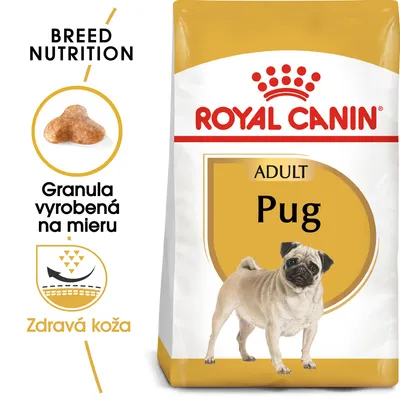 Royal Canin ADULT Pug, granula vyrobená na mieru, zdravá koža. Balenie s obrázkom mopslíka a detailom tvaru granuly. Text v angličtine a slovenčine.
