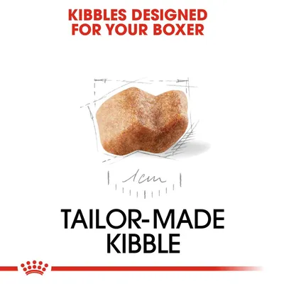 KIBBLES DESIGNED FOR YOUR BOXER, TAILOR-MADE KIBBLE. Εικόνα κροκέτας με μέγεθος 1 cm. Το κείμενο είναι στα αγγλικά.