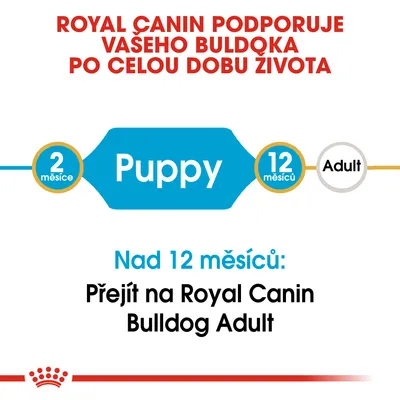 ROYAL CANIN podporuje vašeho buldoka po celou dobu života. Puppy 2 měsíce–12 měsíců, Adult. Nad 12 měsíců: Přejít na Royal Canin Bulldog Adult.