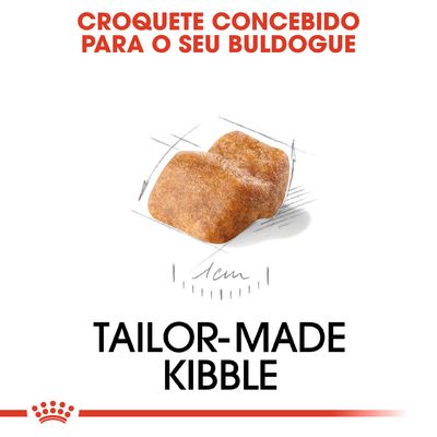 Texto: 'CROQUETE CONCEBIDO PARA O SEU BULDOGUE'. Imagem de um croquete com escala de 1 cm. Texto: 'TAILOR-MADE KIBBLE'.