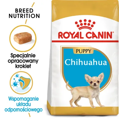 Karma Royal Canin Puppy Chihuahua, widoczny worek, specjalnie opracowany krokiet, wsparcie układu odpornościowego. Tekst: Breed Nutrition, Specjalnie opracowany krokiet, Wspomaganie układu odpornościowego.