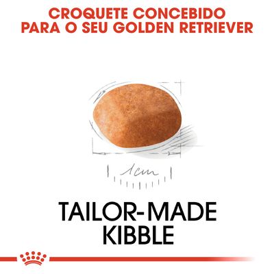 Croquete concebido para o seu Golden Retriever. Tailor-made kibble. Ilustração de um croquete com indicação de 1 cm de diâmetro.