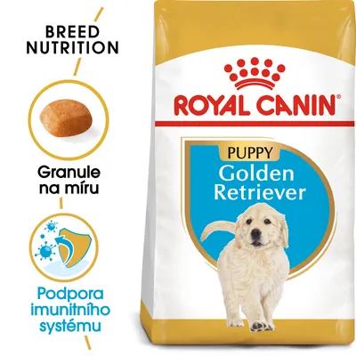 Balení krmiva ROYAL CANIN PUPPY Golden Retriever, nápisy: Granule na míru, Podpora imunitního systému, BREED NUTRITION. Obrázek granule a ikona štítu s viry.