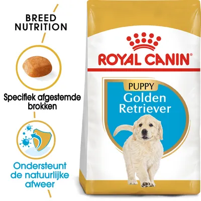 Royal Canin Puppy Golden Retriever hondenvoer, tekst: Specifiek afgestemde brokken, Ondersteunt de natuurlijke afweer, afbeelding van brok en schild met bacteriën.
