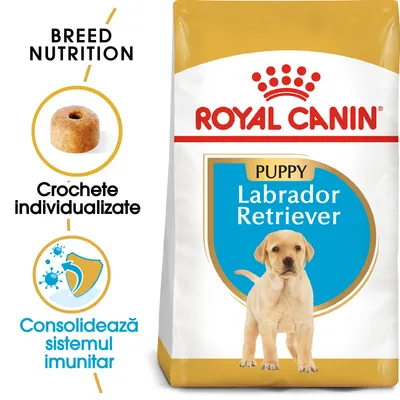 Hrană uscată Royal Canin Puppy Labrador Retriever, text vizibil: Crochete individualizate, Consolidează sistemul imunitar. Ambalaj cu imagine de cățel și crochetă.
