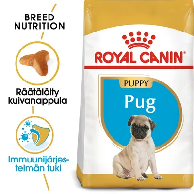Royal Canin Puppy Pug -koiranruokapakkaus, tekstit: Räätälöity kuivanappula, Immuunijärjestelmän tuki. Kuvassa pentumopsi ja nappulan muoto.