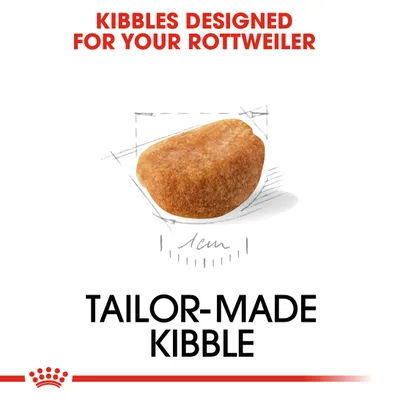 KIBBLES DESIGNED FOR YOUR ROTTWEILER, TAILOR-MADE KIBBLE. Εικόνα κροκέτας με μέγεθος 1 cm. Το κείμενο είναι στα αγγλικά.