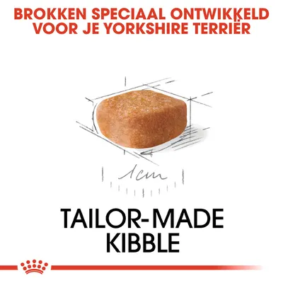 Brokken speciaal ontwikkeld voor je Yorkshire Terrier, afbeelding van een brok met maatindicatie 1 cm, tekst: Tailor-made kibble.