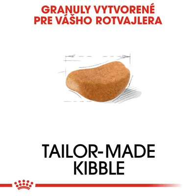 Granuly vytvorené pre vášho rotvajlera. TAILOR-MADE KIBBLE. Zobrazený tvar granule s náčrtom rozmerov.