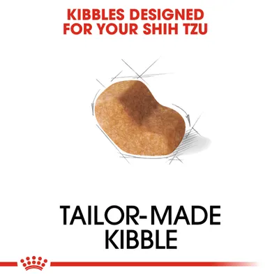 Kibbles designed for your Shih Tzu. Tailor-made kibble. Image shows a single piece of shaped kibble with red and black text above and below.