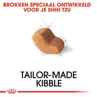 Brokken speciaal ontwikkeld voor je Shih Tzu. Afbeelding van een brok. Tekst: tailor-made kibble.