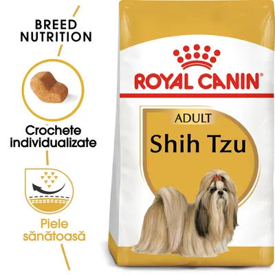 Pachet Royal Canin Adult Shih Tzu, text vizibil: Crochete individualizate, Piele sănătoasă, imagine croșetă și câine Shih Tzu. Text engleză: Breed Nutrition.