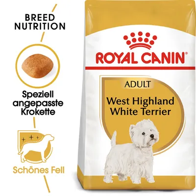 Royal Canin Adult West Highland White Terrier. Posebno prilagojeni briketi za lepo dlako. Breed Nutrition.