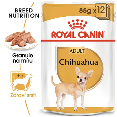 ROYAL CANIN ADULT Chihuahua 85g x12, obrázek psa, text: BREED NUTRITION, Granule na míru, Zdraví srsti, vyobrazení krmiva a symbol zdravé srsti.