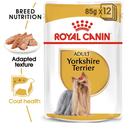 Royal Canin Adult Yorkshire Terrier märkäruoka, 85 g x12. Pakkauksessa kuva yorkshirenterrieristä. Tekstit: Breed Nutrition, Adapted texture, Coat health. Royal Canin Adult Yorkshire Terrier märkäruoka, 85 g x12. Pakkauksessa kuva yorkshirenterrieristä. Tekstit: Breed Nutrition, Adapted texture, Coat health.