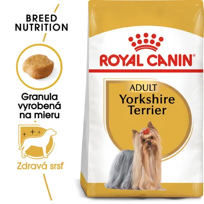 Royal Canin ADULT Yorkshire Terrier, granula vyrobená na mieru, zdravá srsť. Balenie krmiva s obrázkom yorkshirského teriéra a detailom granuly.