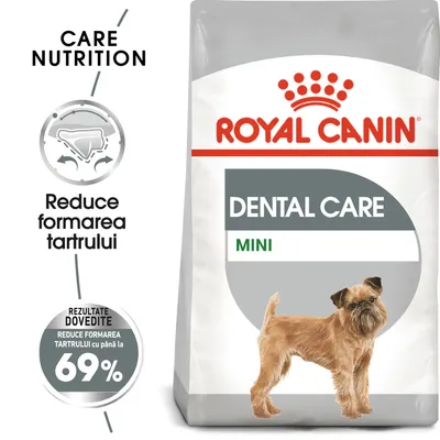 Pachet Royal Canin Dental Care Mini cu imagine de câine, text vizibil: Reduce formarea tartrului, rezultate dovedite până la 69%, Care Nutrition.