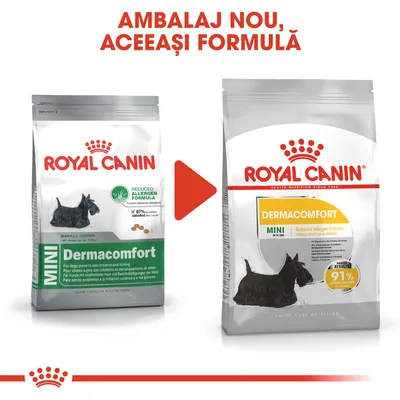 Royal Canin Dermacomfort Mini pentru câini, ambalaj vechi și nou. Text vizibil: 'AMABALAJ NOU, ACEEAȘI FORMULĂ', 'Reduced Allergen Formula', '91% câini satisfăcuți'.