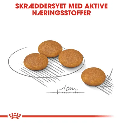Fire runde foderpiller vist med størrelsesangivelse 1 cm. Tekst: SKRÆDDERSYET MED AKTIVE NÆRINGSSTOFFER.