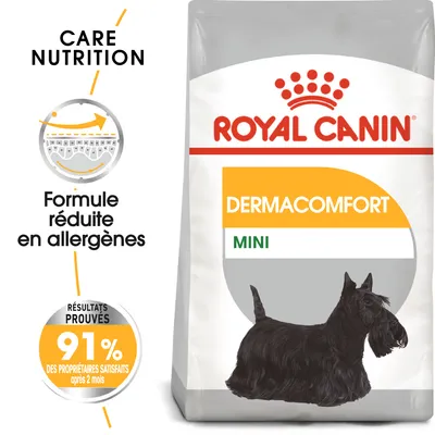 Royal Canin Dermacomfort Mini, formule réduite en allergènes, 91 % des propriétaires satisfaits après 2 mois, sac avec illustration de chien noir.
