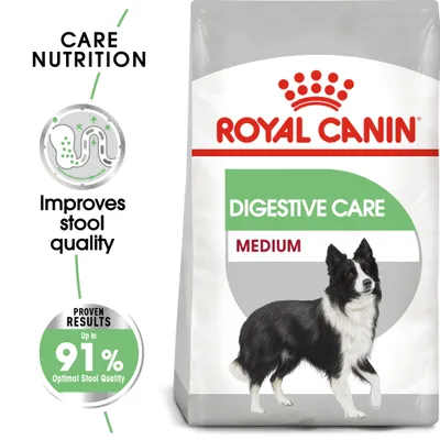 Digestive Care Medium food with claim of improving stool quality and proven results showing up to 91% optimal stool quality, as shown on the packaging image.